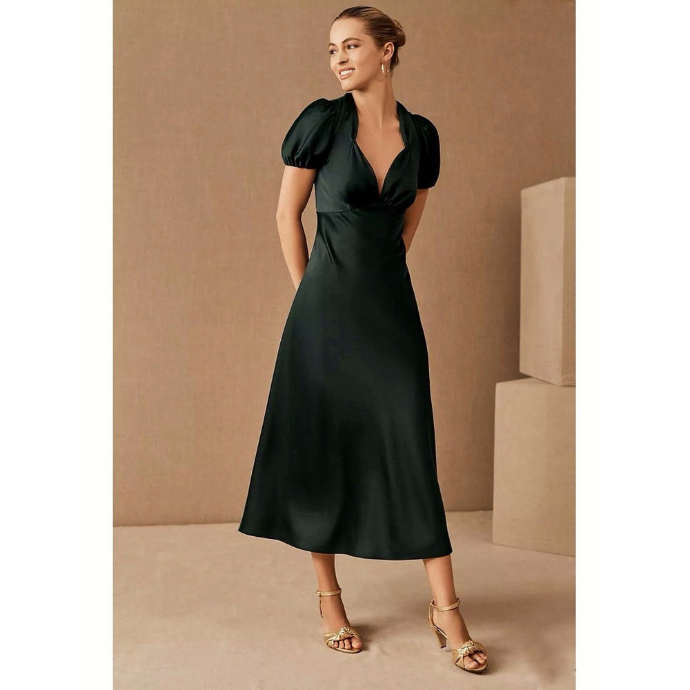 Anthropologie BHLDN Sachin + Babi Shelley Satin Midi Dress in Dark Green, sz 2